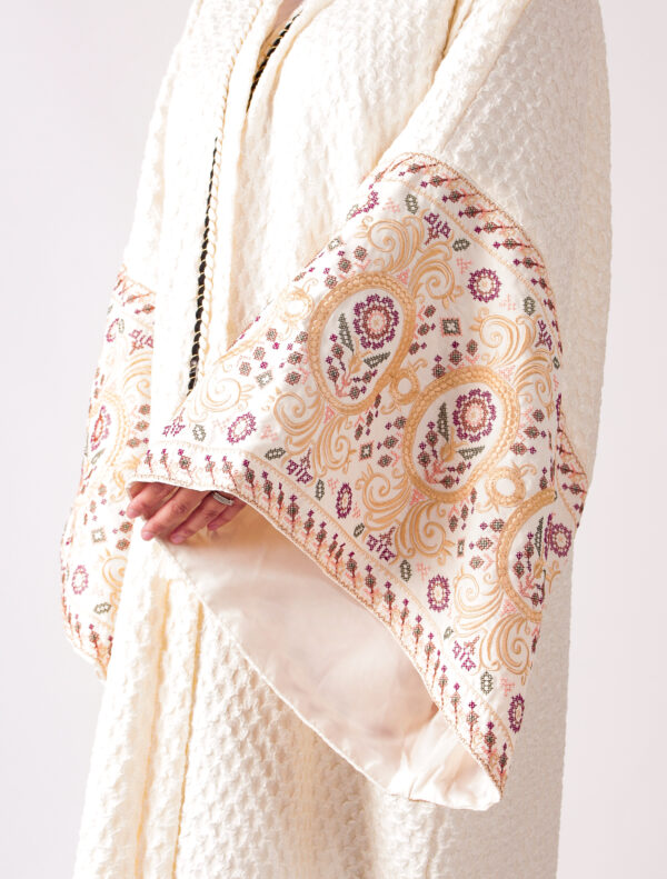 Ivory Palestinian Embroidered Abayah with Ornate Sleeves - Image 2
