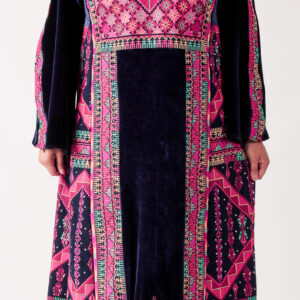 Palestinian Embroidery Majdal Velvet Thobe – Fuchsia & Teal