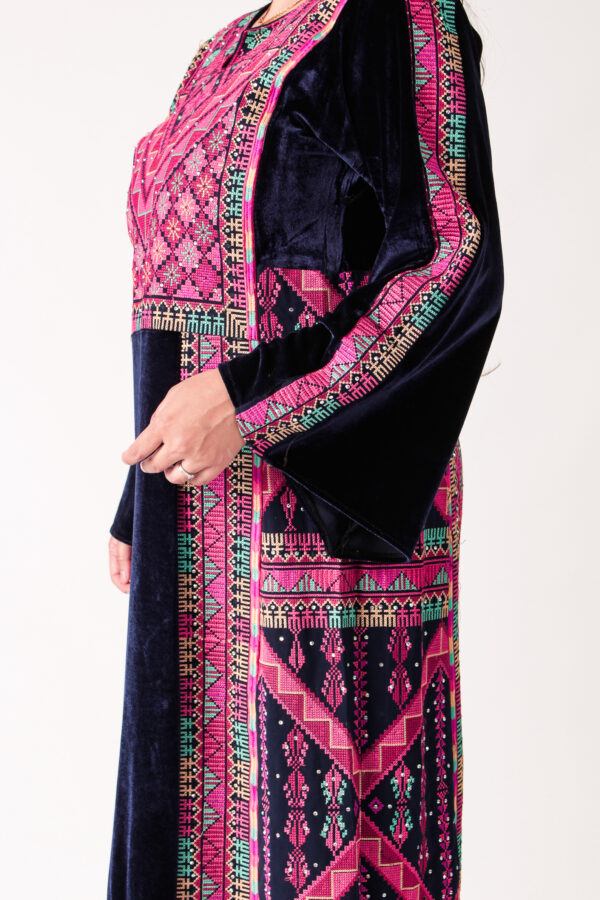 Palestinian Embroidery Majdal Velvet Thobe – Fuchsia & Teal - Image 2