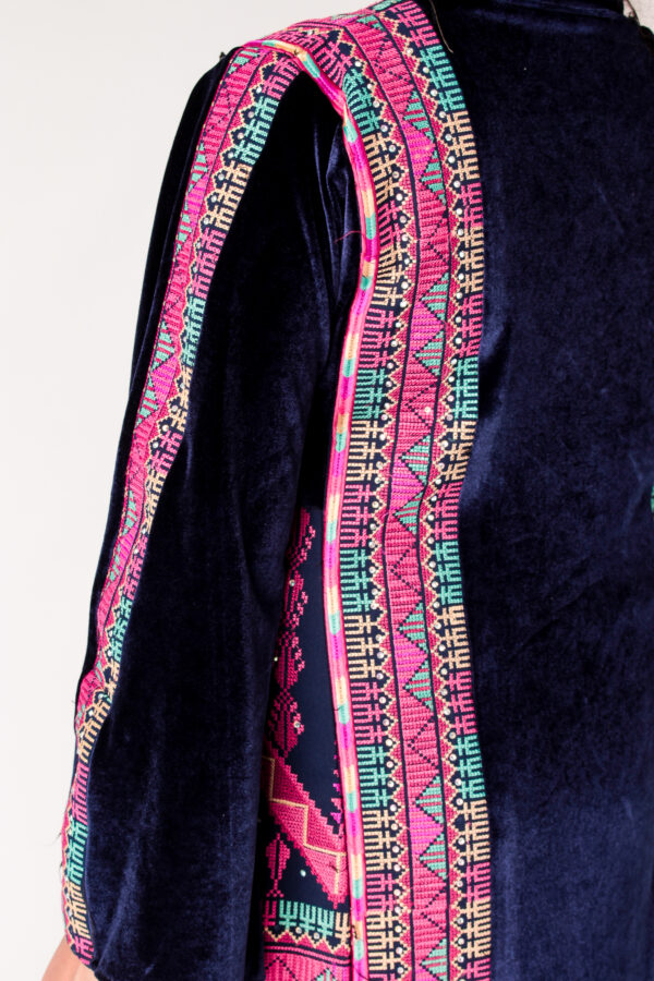 Palestinian Embroidery Majdal Velvet Thobe – Fuchsia & Teal - Image 3