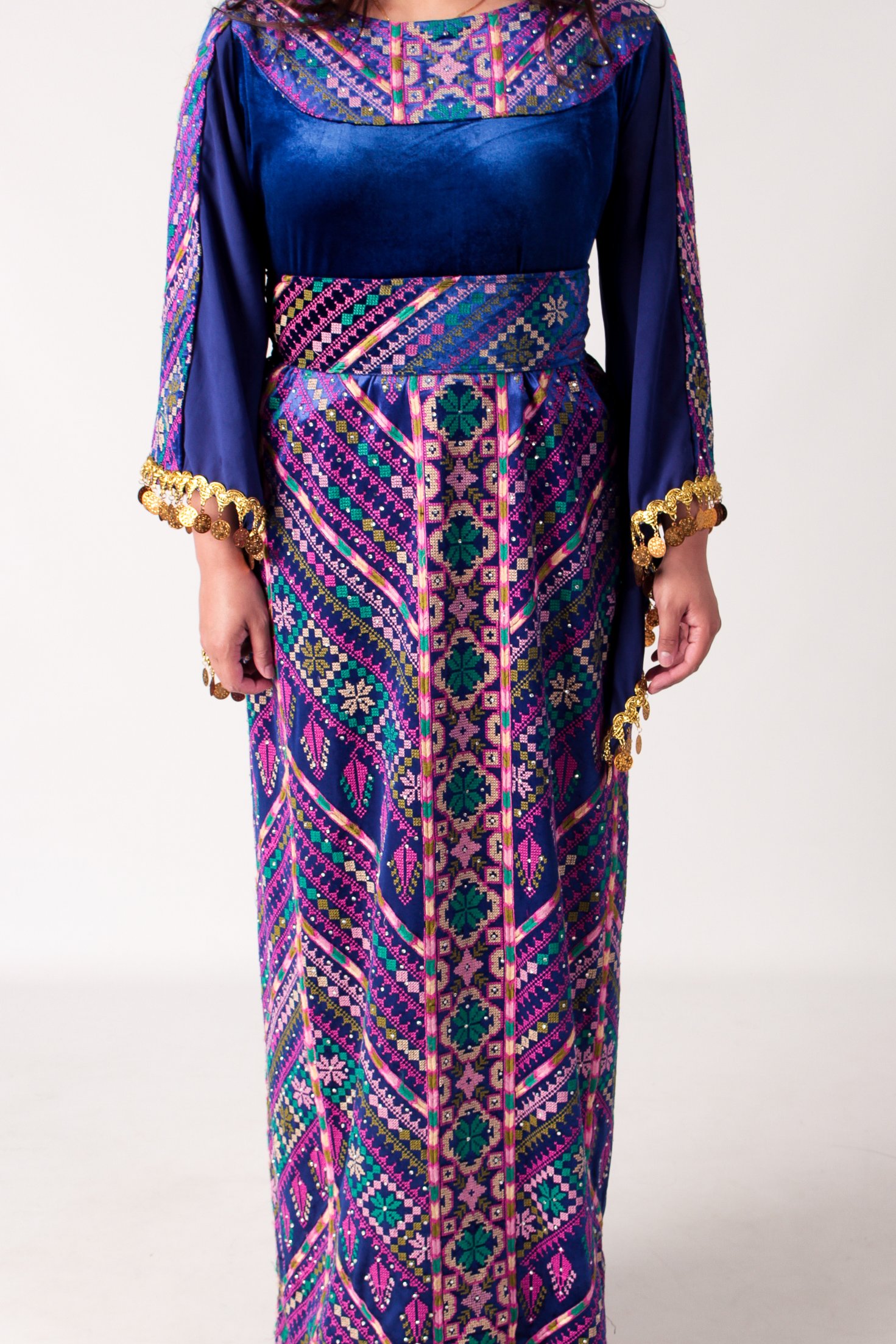 Royal Blue Velvet Palestinian Thobe with Gold Coin Detailing