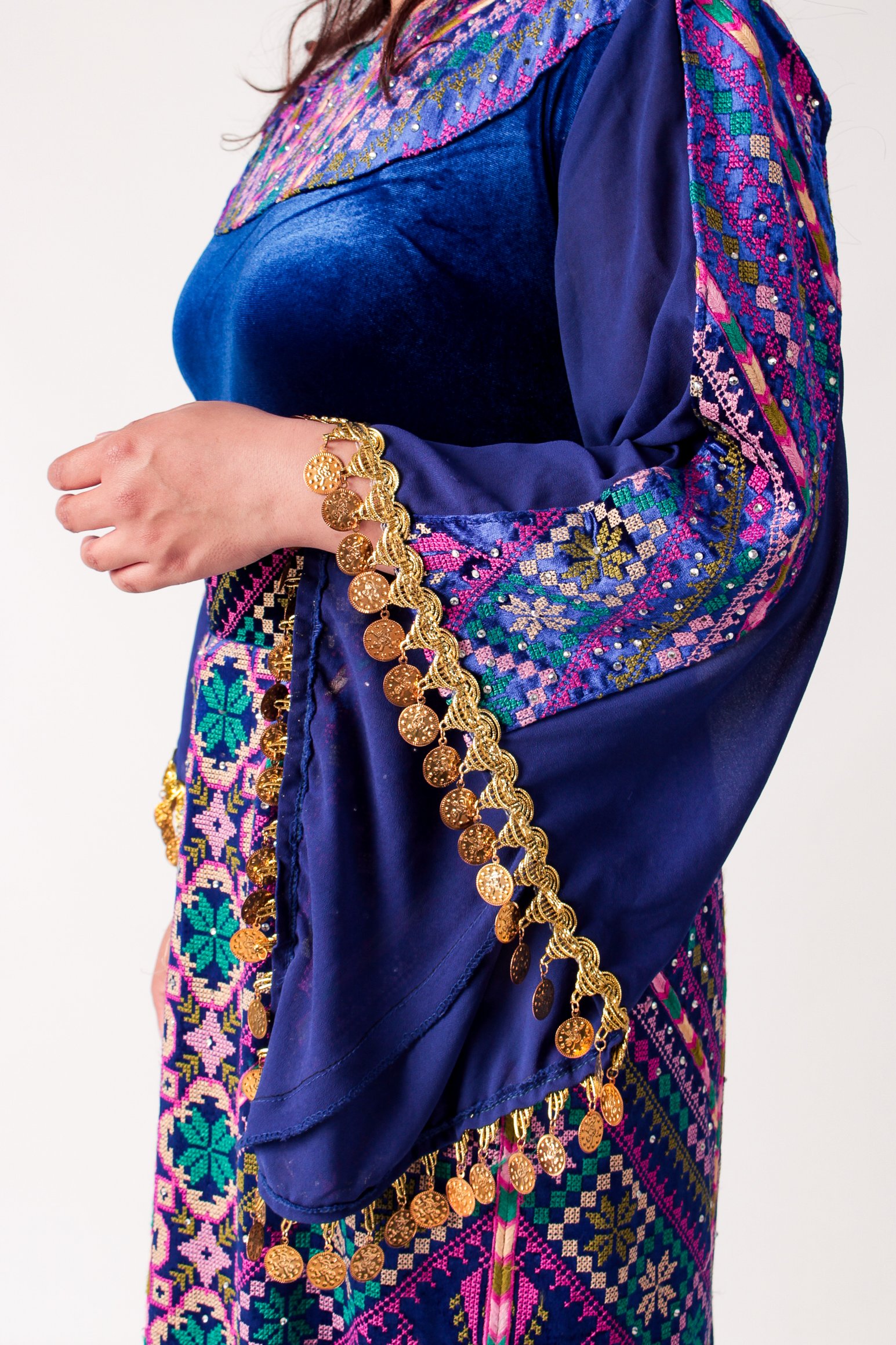 Royal Blue Velvet Palestinian Thobe with Gold Coin Detailing - Image 2