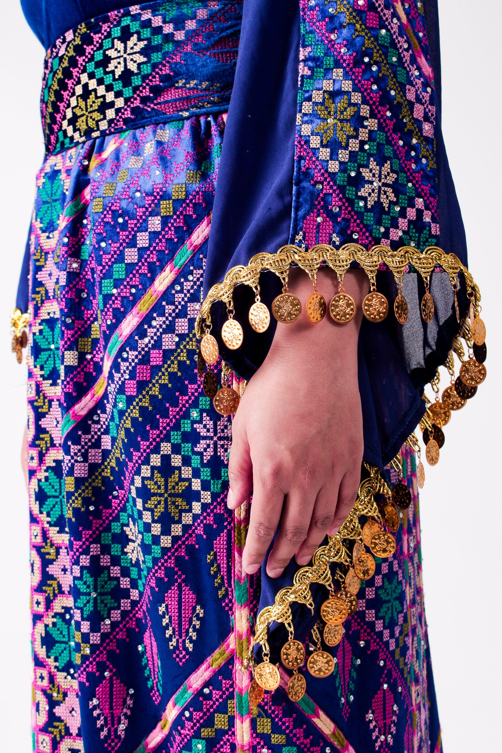 Royal Blue Velvet Palestinian Thobe with Gold Coin Detailing - Image 3