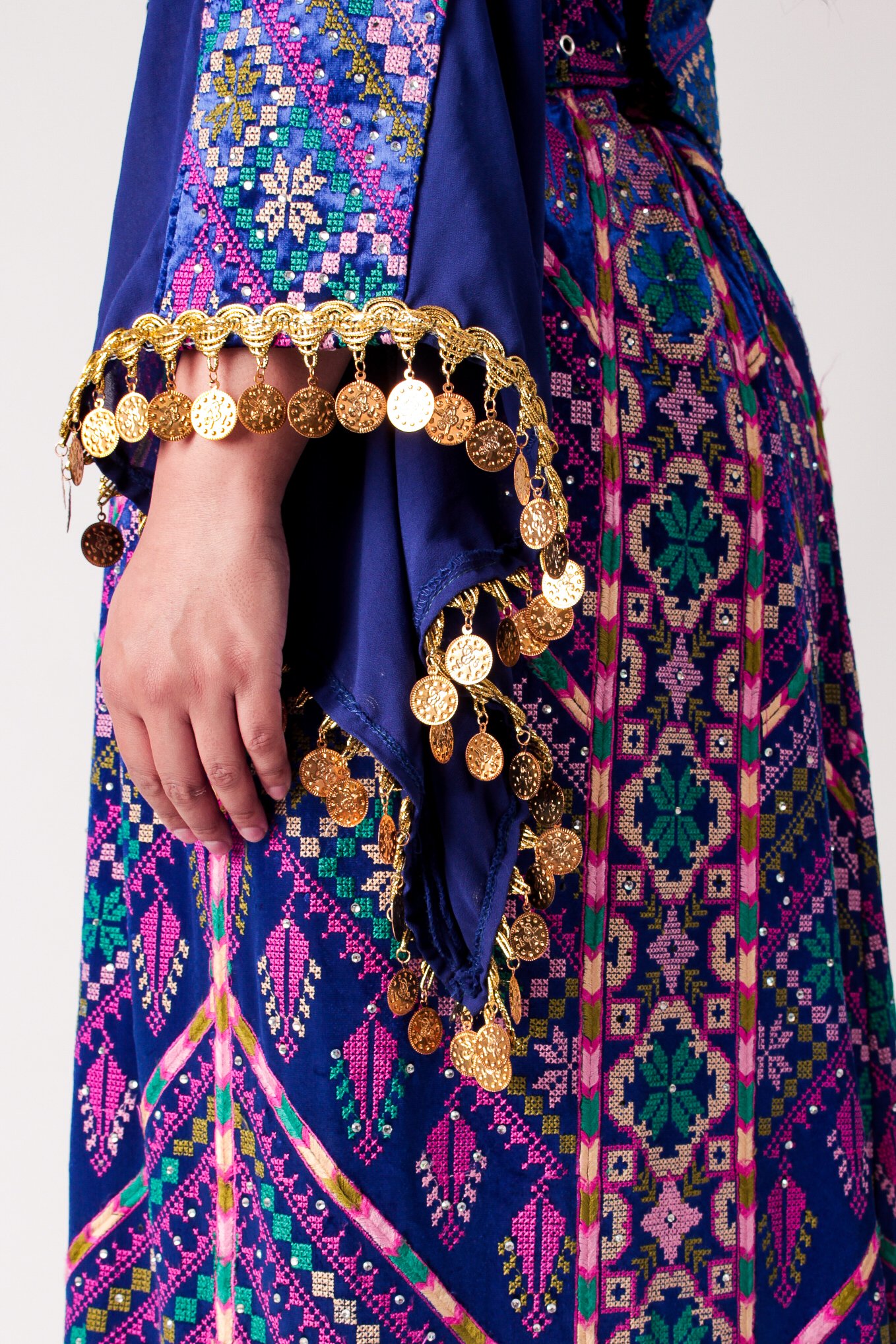 Royal Blue Velvet Palestinian Thobe with Gold Coin Detailing - Image 4