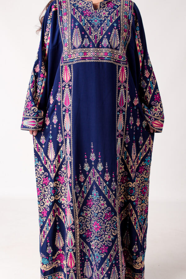 Navy Blue Palestinian Thobe with Intricate Embroidery & Headpiece