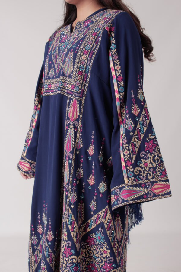 Navy Blue Palestinian Thobe with Intricate Embroidery & Headpiece - Image 2