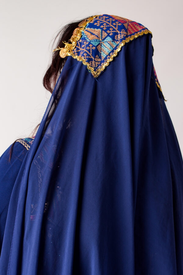 Navy Blue Palestinian Thobe with Intricate Embroidery & Headpiece - Image 3