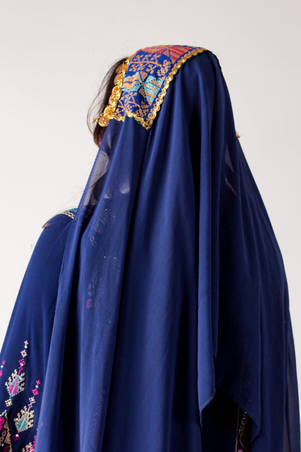 Navy Blue Palestinian Thobe with Intricate Embroidery & Headpiece - Image 4