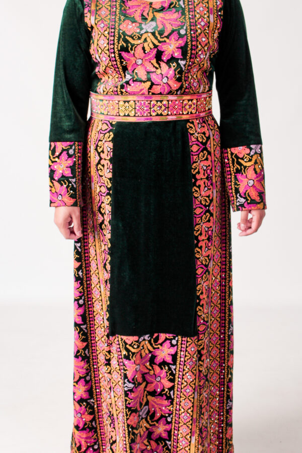 Green Palestinian Tatreez Embroidered Velvet Thobe - Image 3