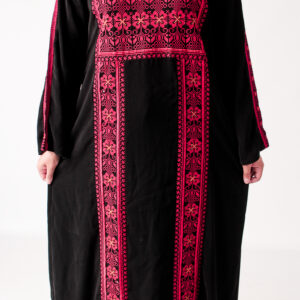 Traditional Palestinian Embroidered Black Thobe with Red Tatreez