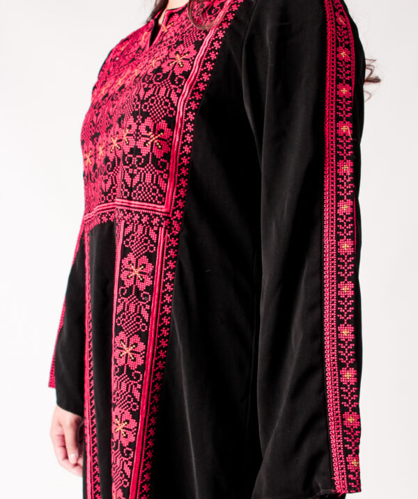 Traditional Palestinian Embroidered Black Thobe with Red Tatreez - Image 2