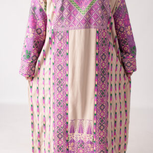 Beige Palestinian Embroidered Thobe with Pink Tatreez