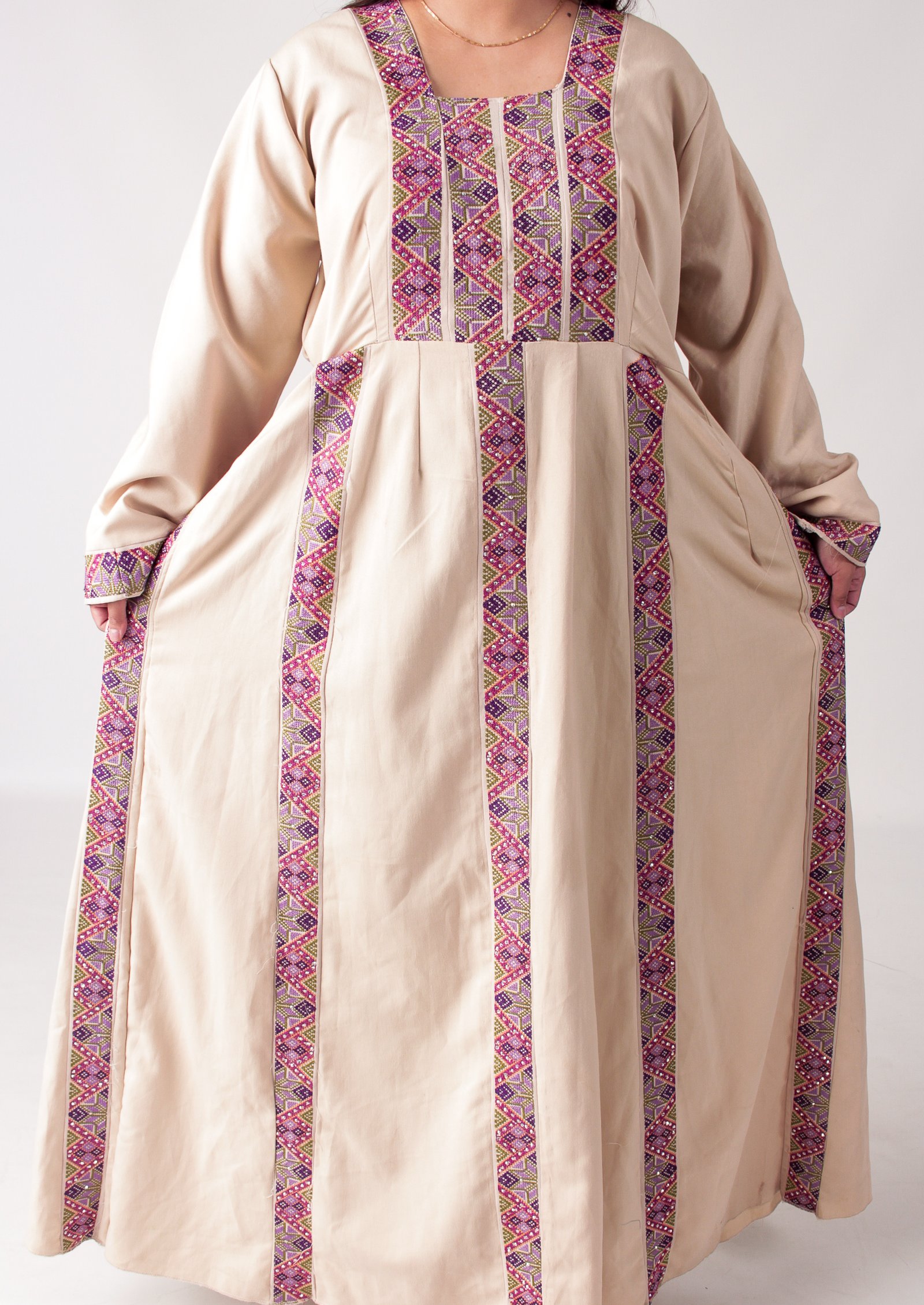 Palestinian Embroidered Thobe with Magenta Tatreez Stripes