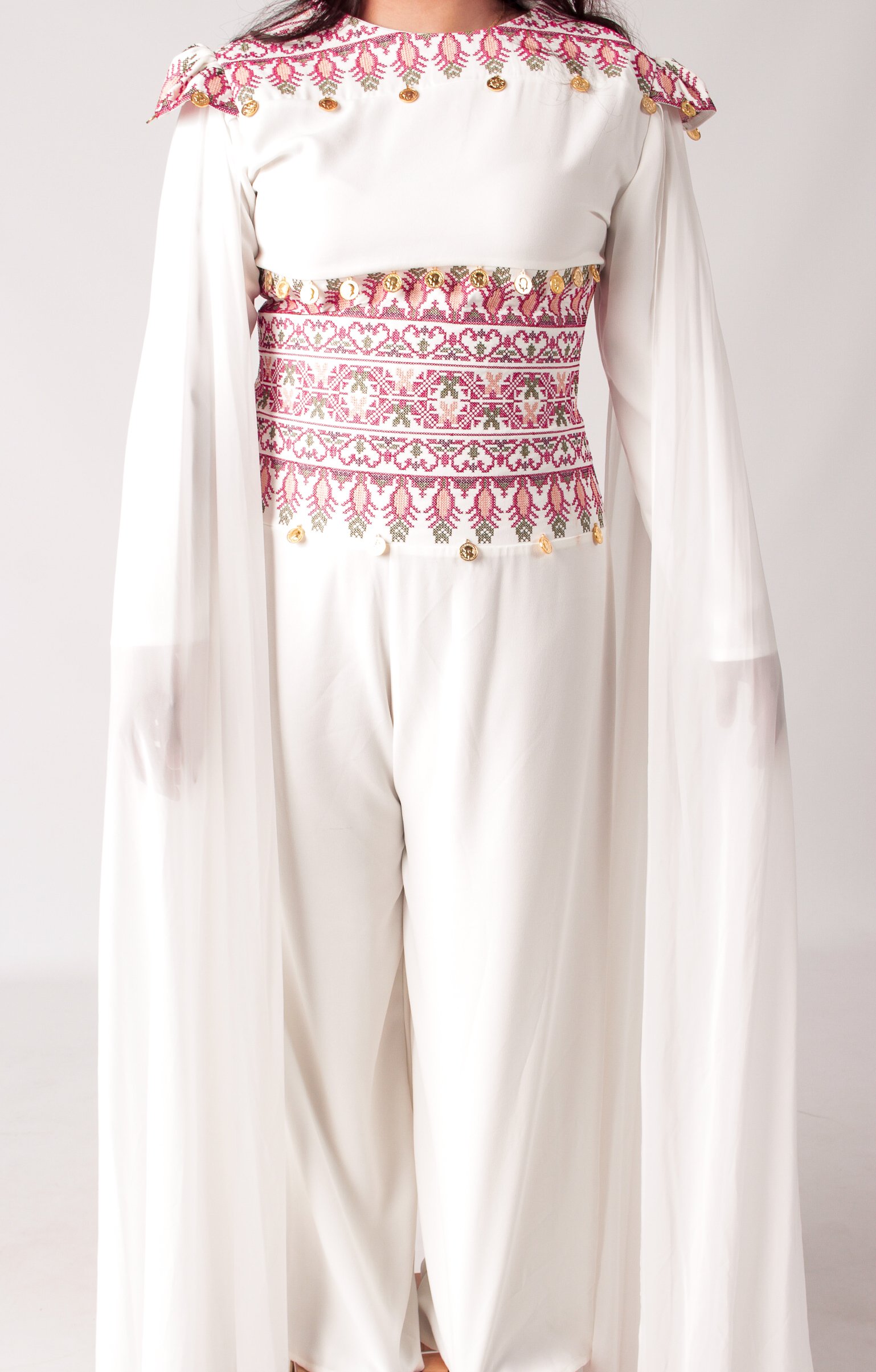 Elegant Palestinian Tatreez Embroidered Jumpsuit with Cape