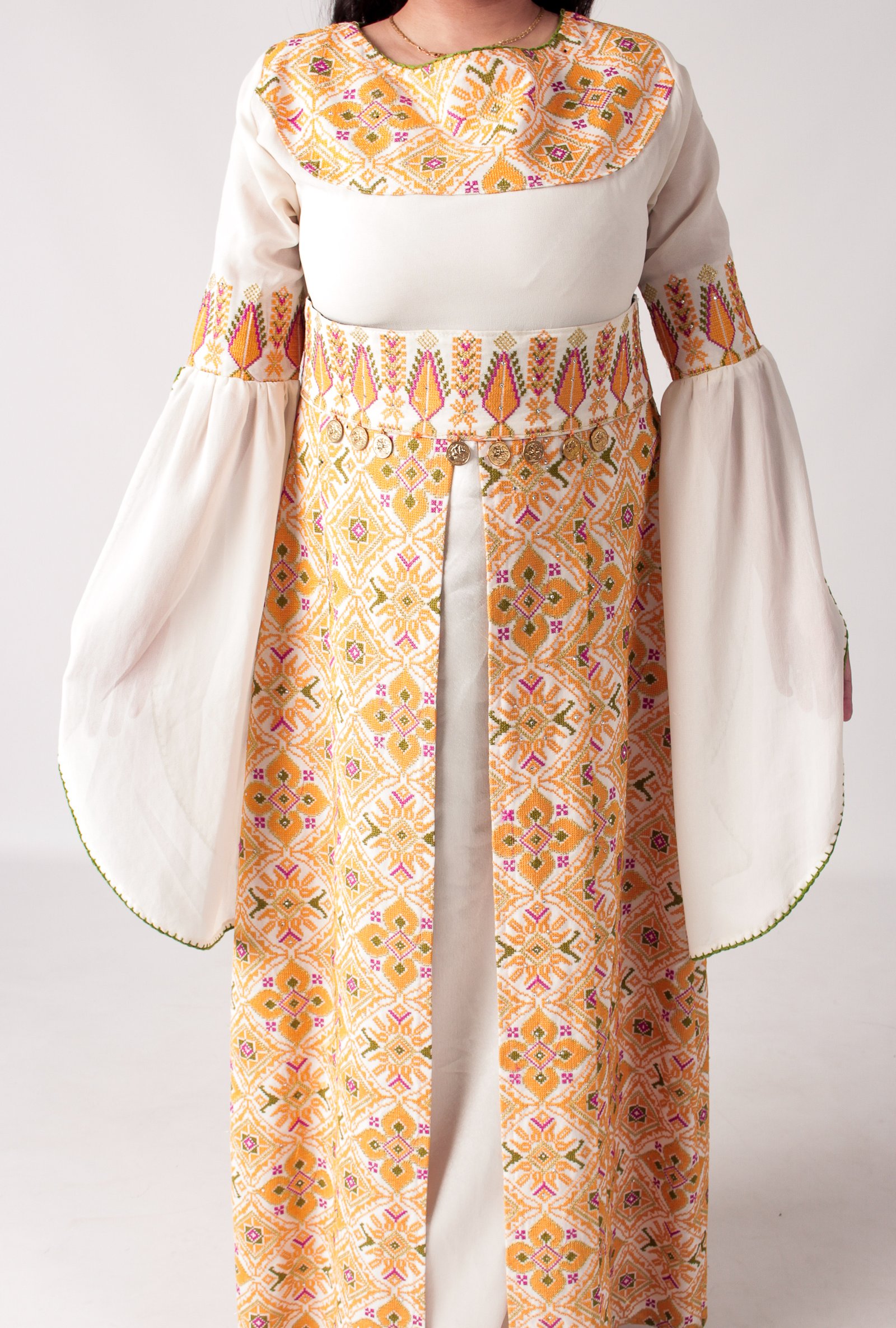 Palestinian Embroidered Dress with Bell Sleeves and Skirt