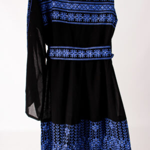 Palestinian Blue Tatreez Dress with Single Bell Sleeve