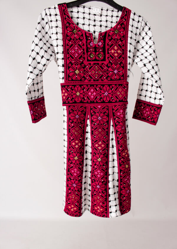Traditional Palestinian White and Red Tatreez Childrens Dress