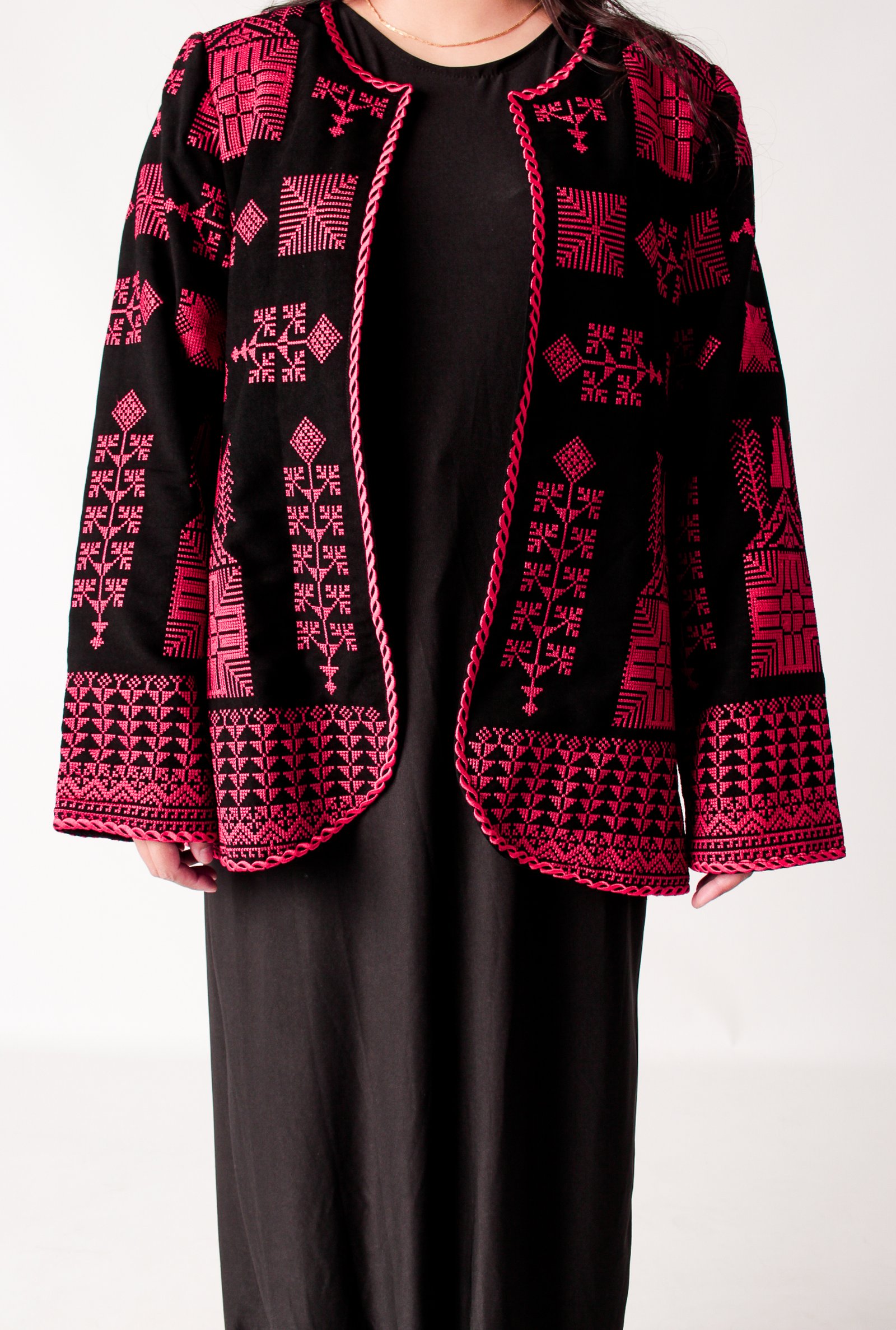 Black Palestinian Embroidered Jacket with Red Tatreez
