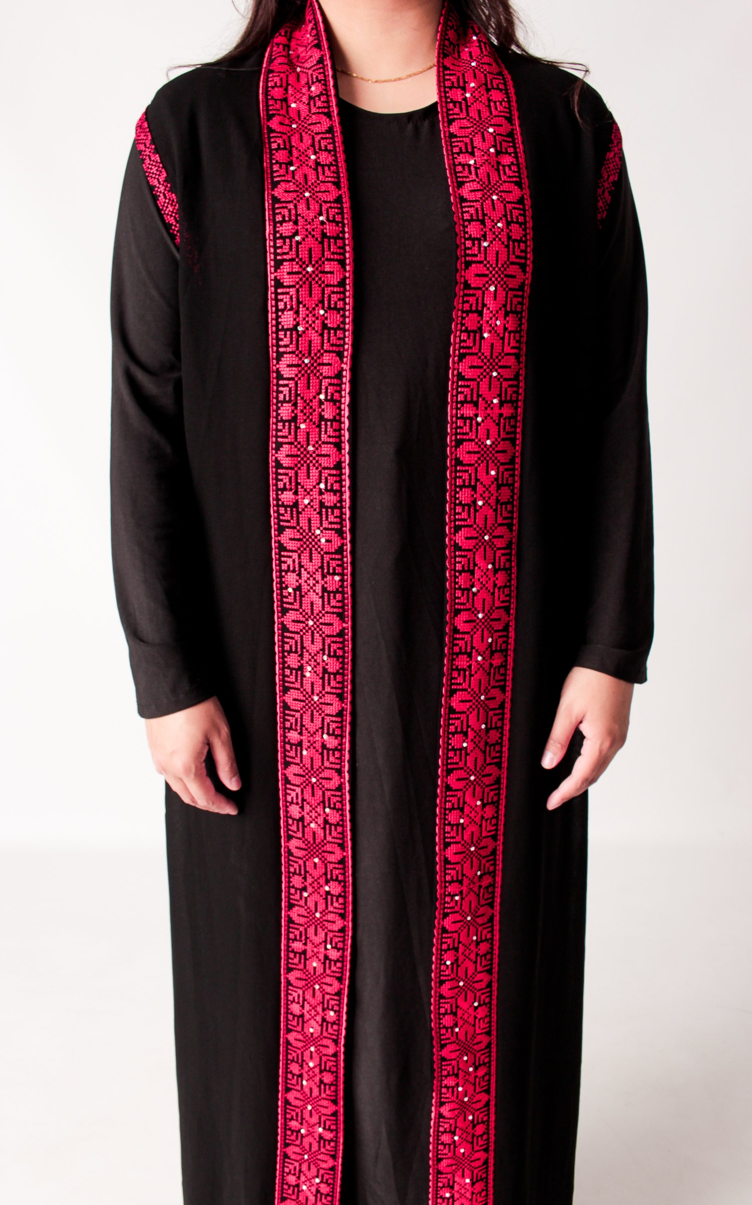 Black Open Palestinian Abayah with Red Tatreez (with Slip Dress)