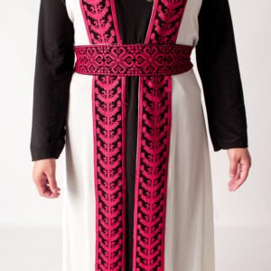 Sleeveless Ivory Open Abayah with Red & Black Tatreez and Belt