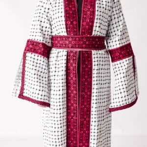 Palestinian Ivory Open Abayah with Red Tatreez and Belt