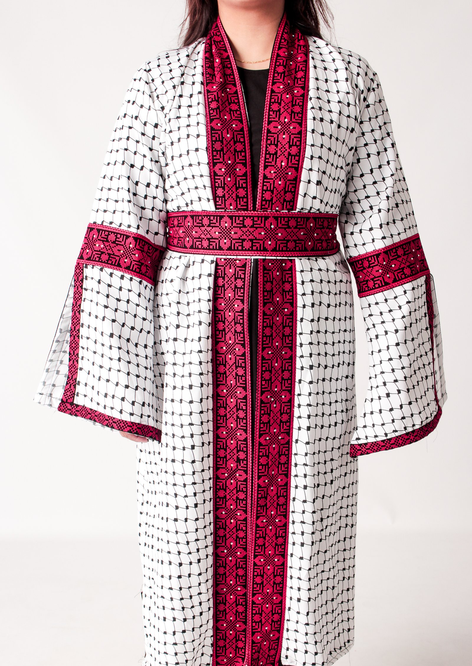 Palestinian Ivory Open Abayah with Red Tatreez and Belt