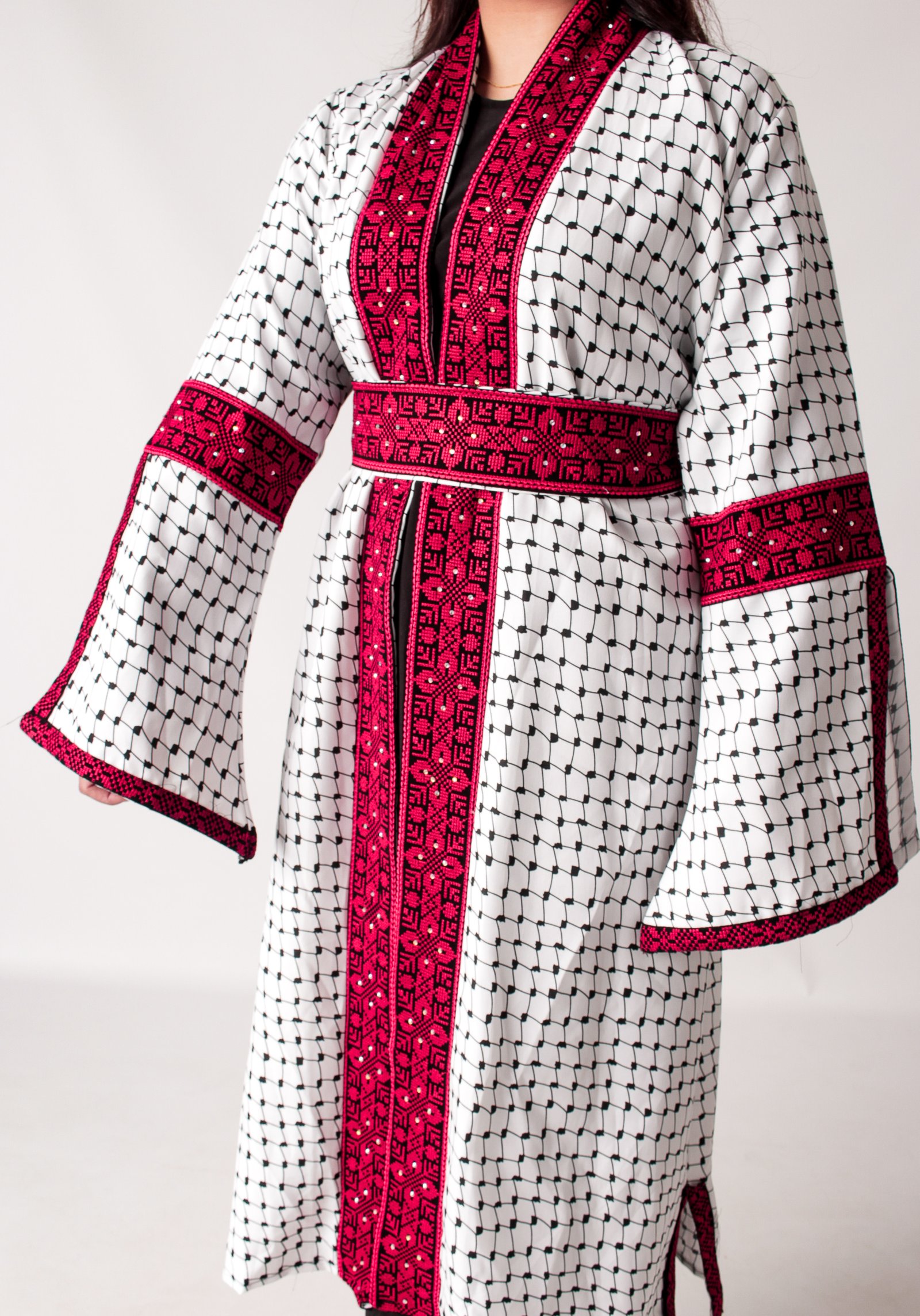 Palestinian Ivory Open Abayah with Red Tatreez and Belt - Image 2