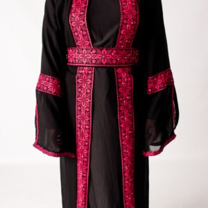 Palestinian Black Open Abayah with Red Tatreez and Belt