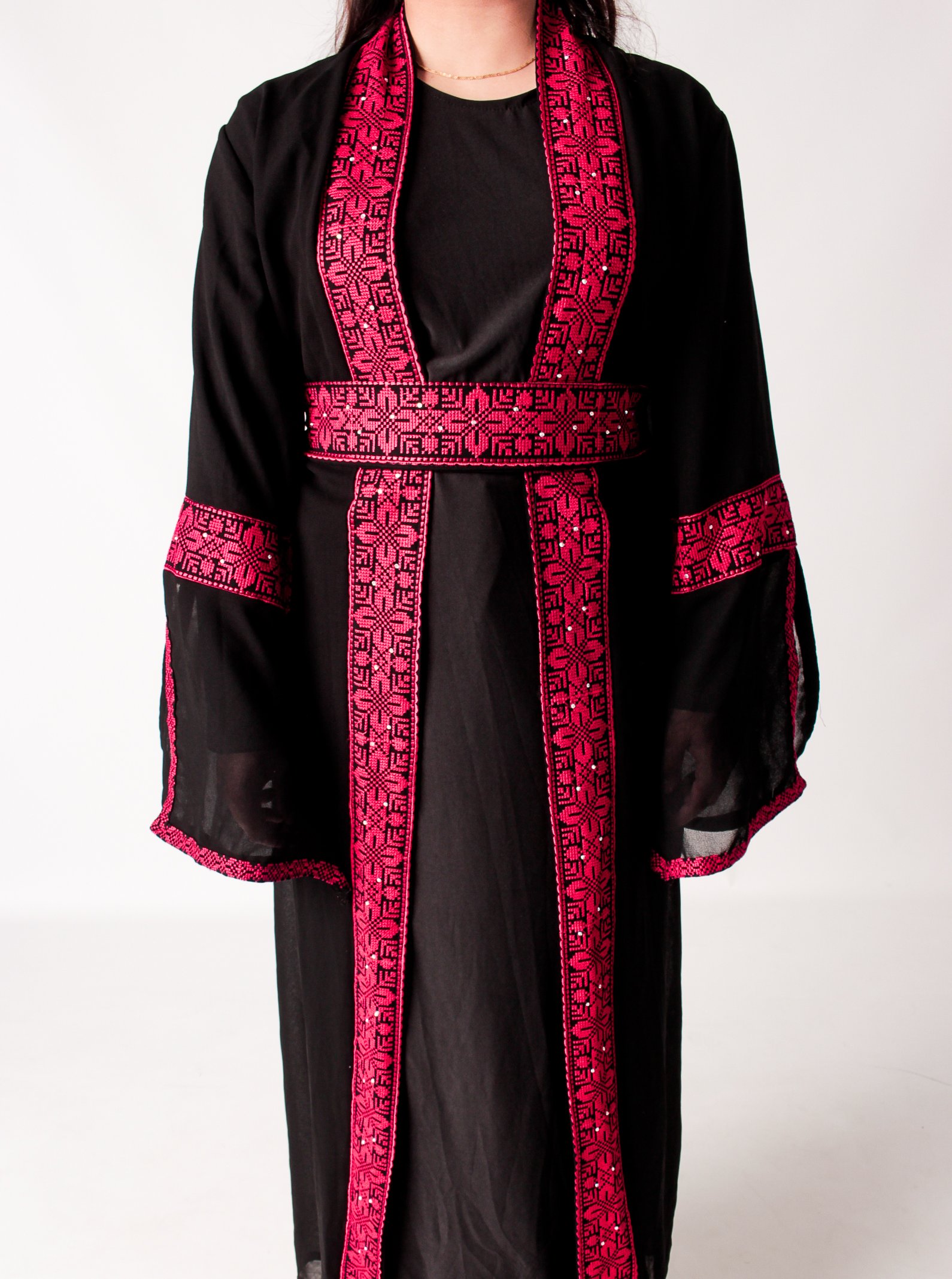 Palestinian Black Open Abayah with Red Tatreez and Belt
