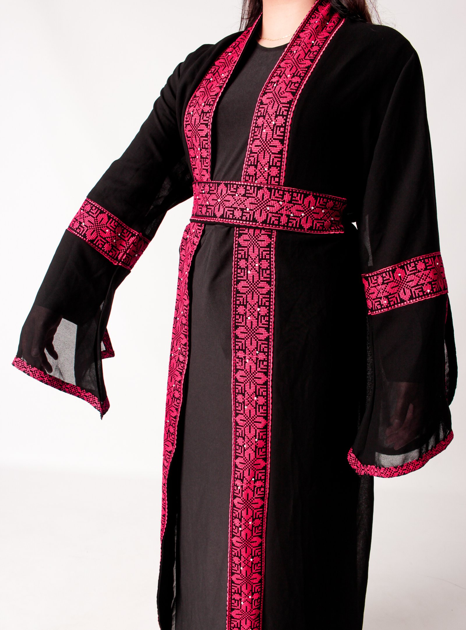 Palestinian Black Open Abayah with Red Tatreez and Belt - Image 2