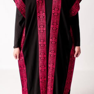 Sleeveless Black Open Abayah with Red Tatreez and Belt