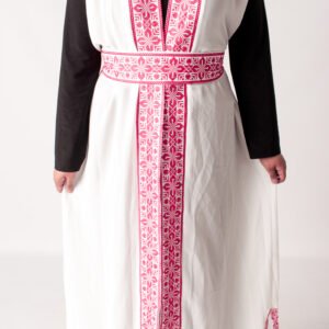 Sleeveless White Open Abayah with Red Tatreez and Belt