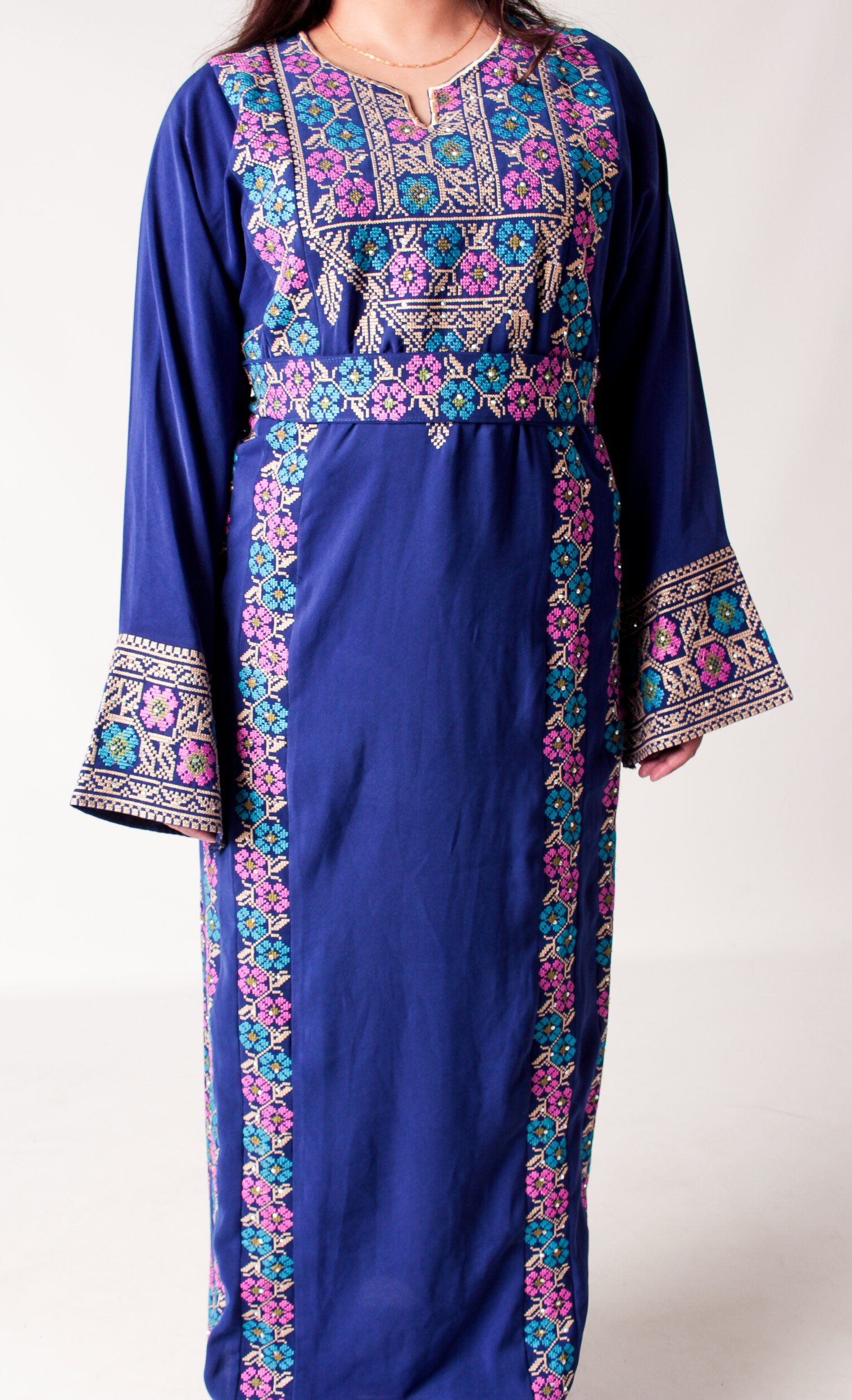 Royal Blue Palestinian Thobe with Pink and Turquoise Tatreez