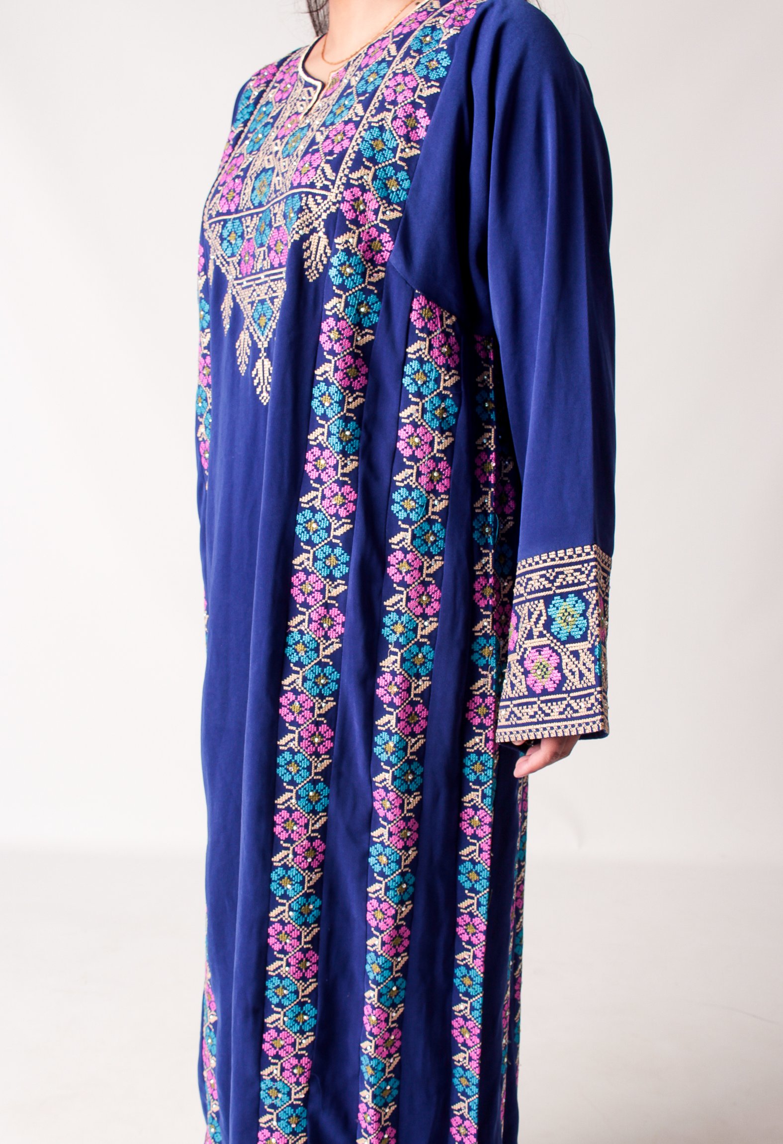 Royal Blue Palestinian Thobe with Pink and Turquoise Tatreez - Image 2