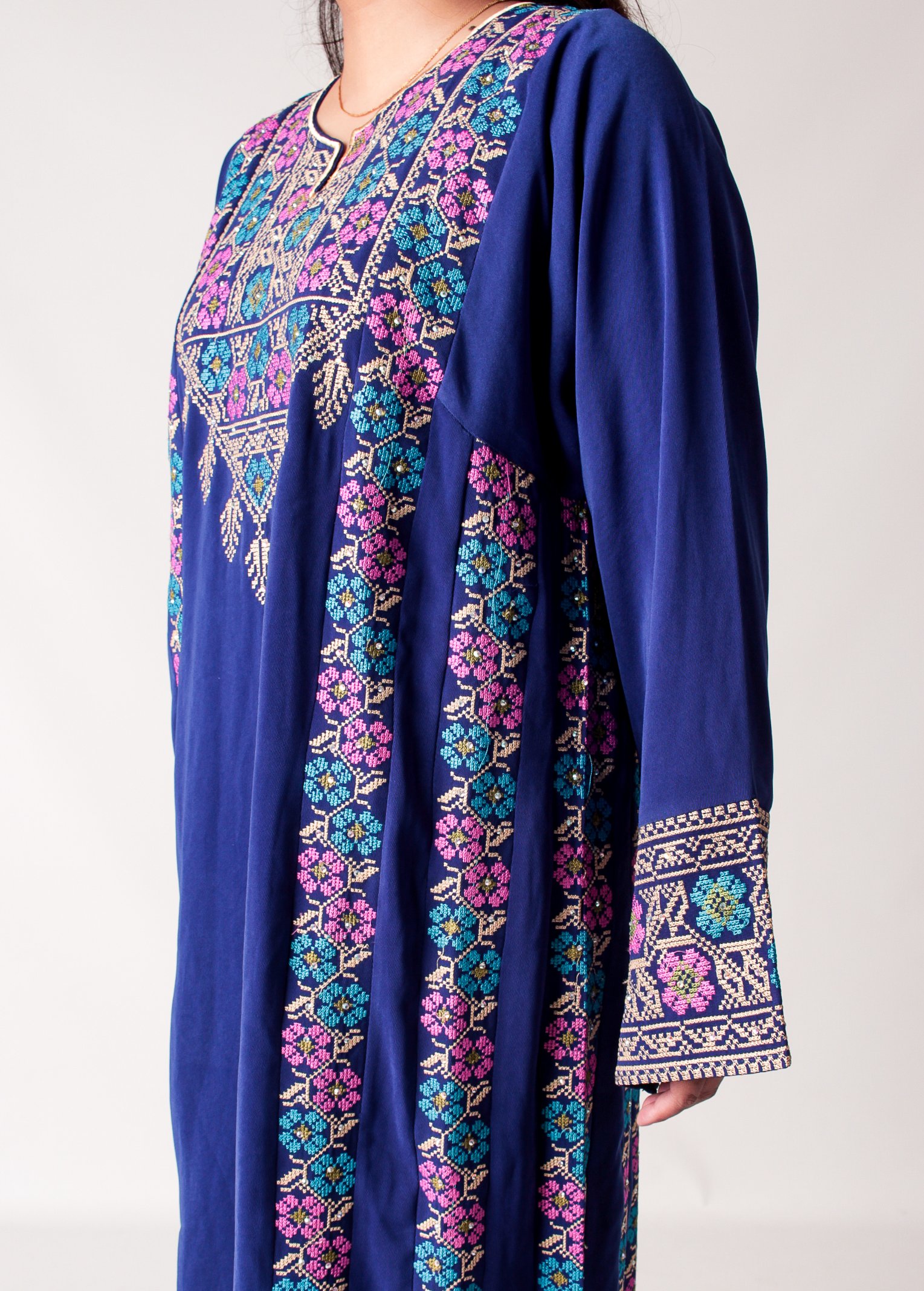 Royal Blue Palestinian Thobe with Pink and Turquoise Tatreez - Image 3
