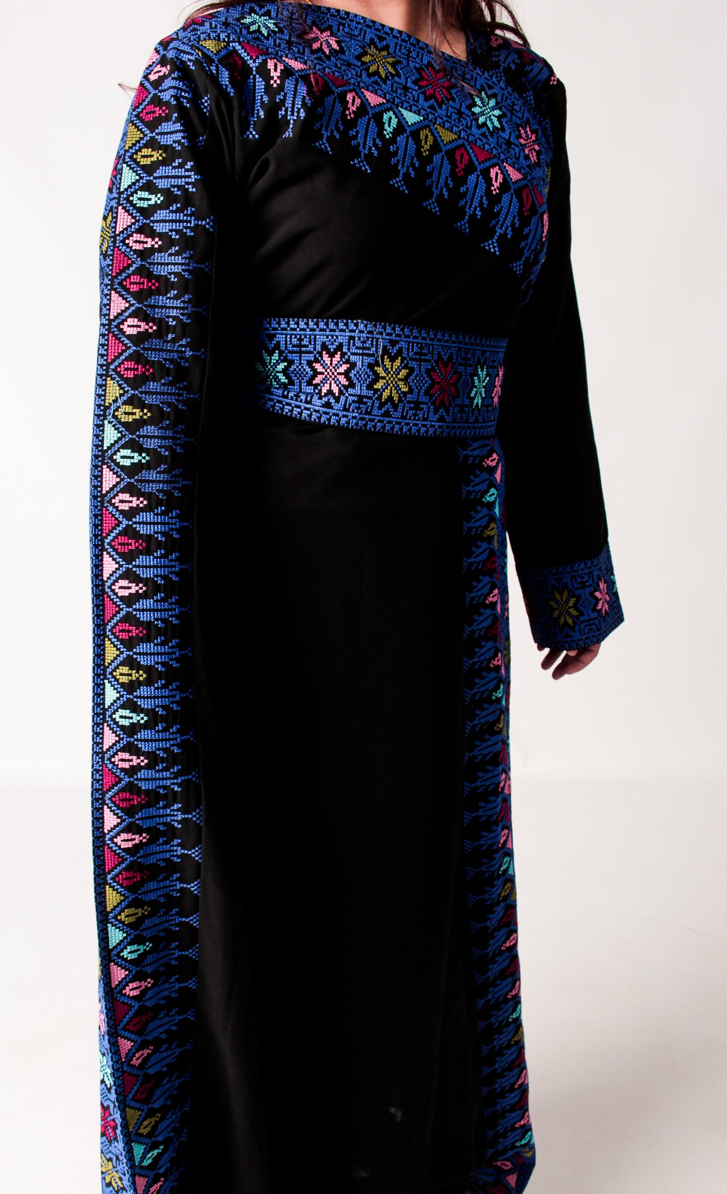 Black Palestinian Asymmetrical Thobe with Multi-coloured Tatreez