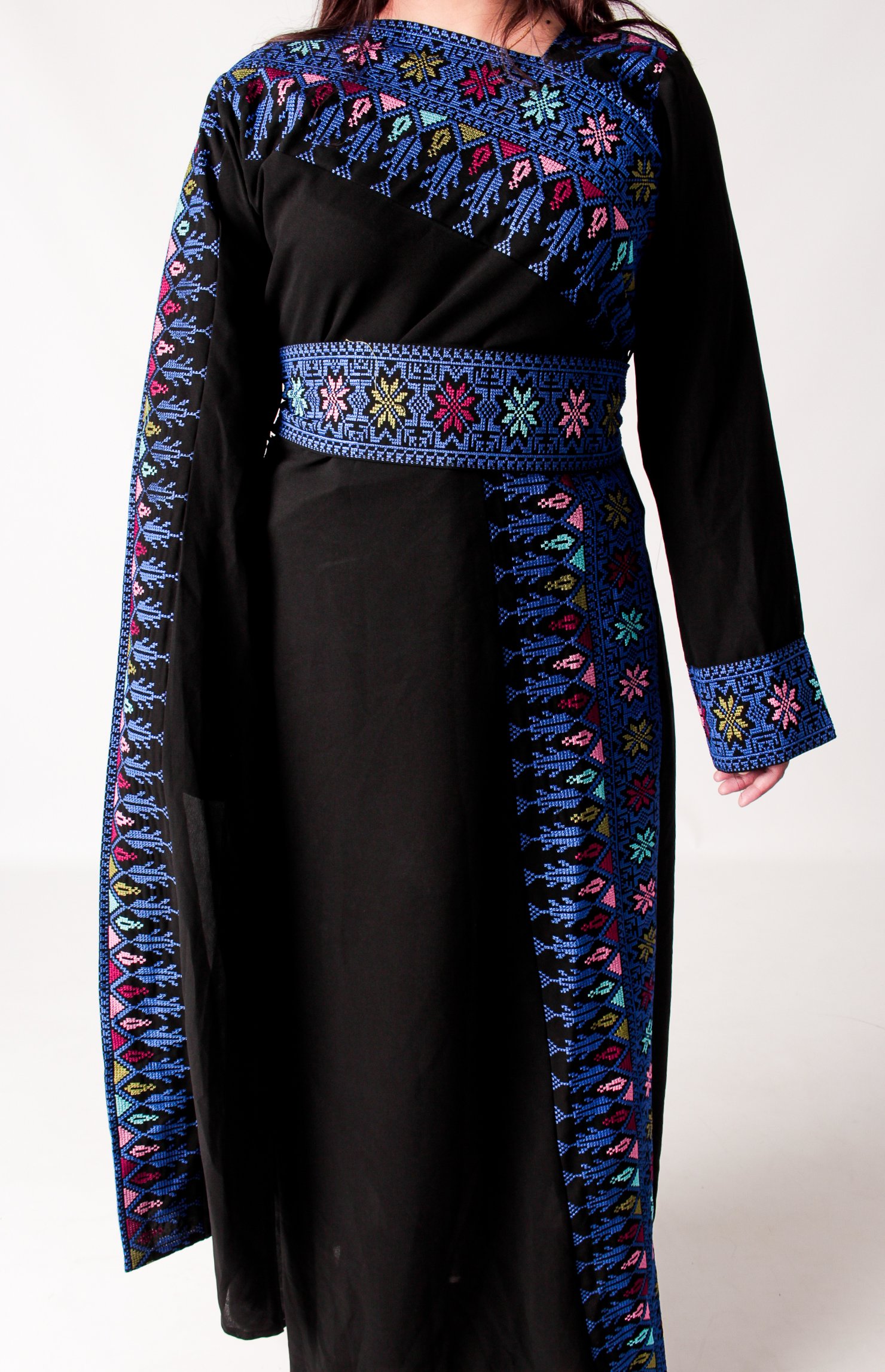 Black Palestinian Asymmetrical Thobe with Multi-coloured Tatreez - Image 2