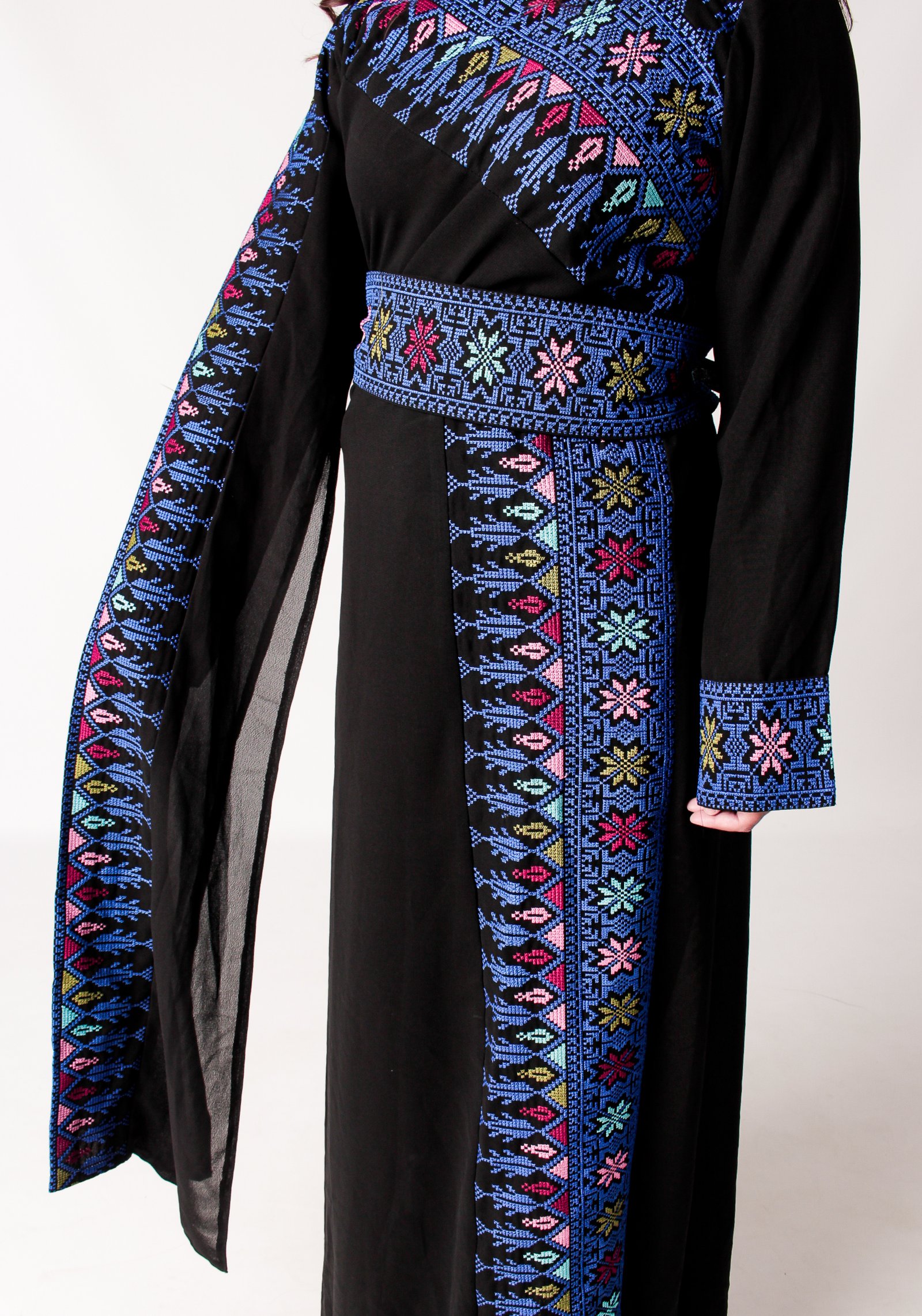 Black Palestinian Asymmetrical Thobe with Multi-coloured Tatreez - Image 3
